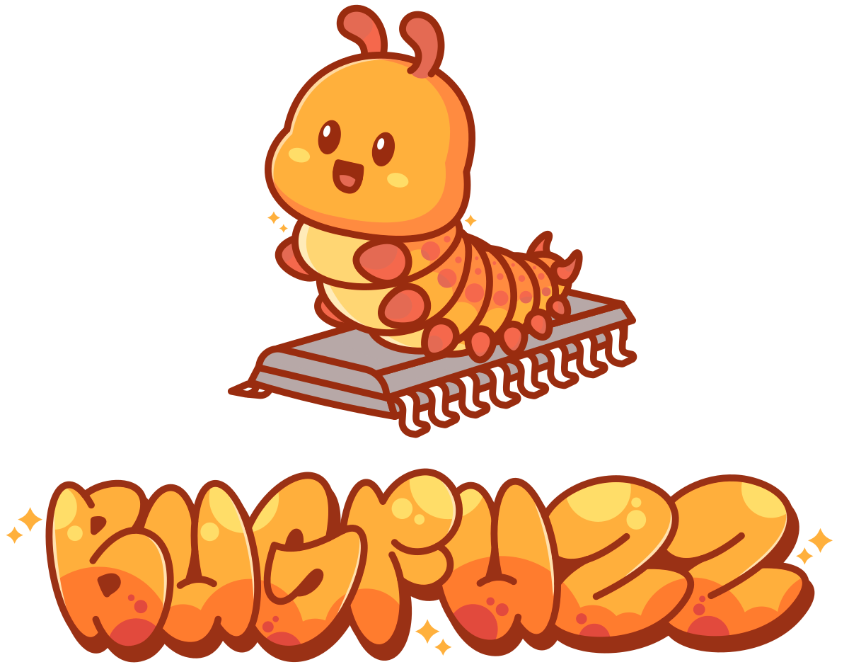 A happy orange caterpillar sitting on top of a computer chip, with the text "Bugfuzz" underneath